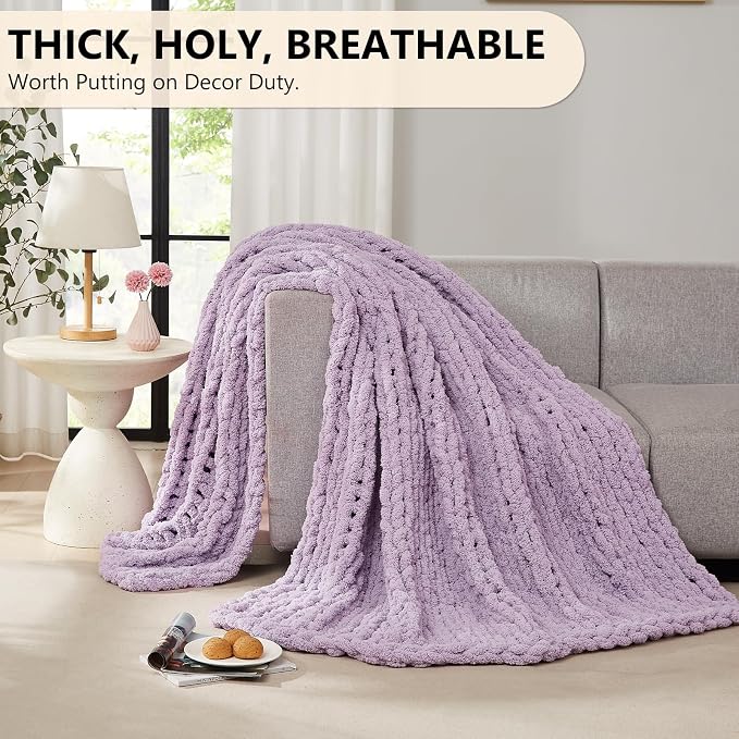 L'AGRATY Chunky Knit Throw Blanket for Couch, 80'' x 90'' Knit Throw, Purple