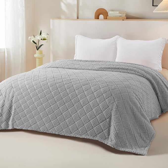 Whale Flotilla Soft Fleece Queen Size Blanket for Bed, Light Grey | Jacquard Waffle Blankets for Home Decor, Lightweight and Cozy, All Season Suitable, 90x90 Inch