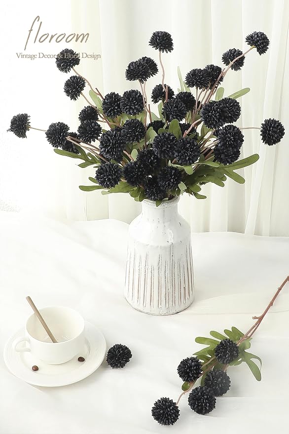 5pcs Black Faux Silk Mums Artificial Flowers, Bulk Fake Small Mini Chrysanthemums with Stems for DIY Wedding Centerpieces Floral Arrangements Vase Fillers Home Decorations