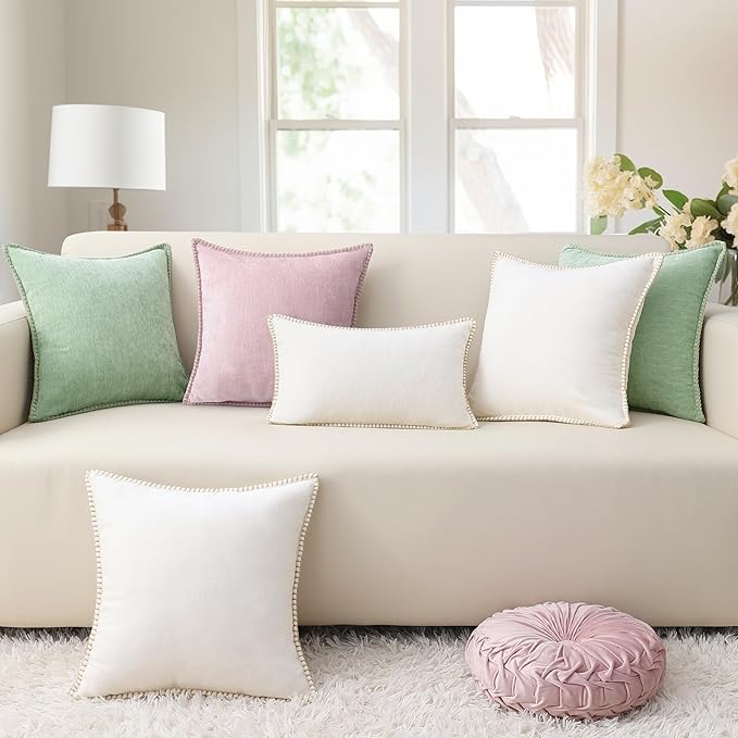 decorUhome Soft Chenille Throw Pillow Covers 20x20 Set of 2 Cream White | Fall Textured Decorative Throw Pillow Cases Stitched Edge Modern Farmhouse Luxury Boho Velvet for Couch Sofa Bed Home Decor