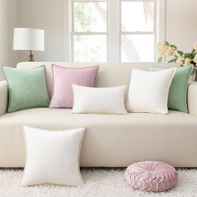 decorUhome Soft Chenille Throw Pillow Covers 24x24 Set of 2 Blush Pink | Fall Textured Decorative Throw Pillow Cases Stitched Edge Modern Farmhouse Luxury Boho Velvet for Couch Sofa Bed Home Decor