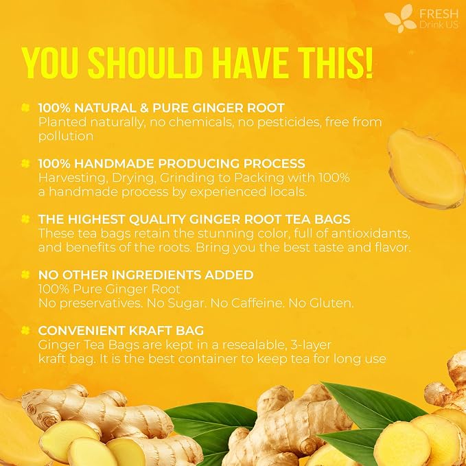 FreshDrinkUS, 120 Ginger Tea Bags, 100% Natural & Pure. Ginger Herbal Tea. No Sugar, No Caffeine, No Gluten, Vegan.