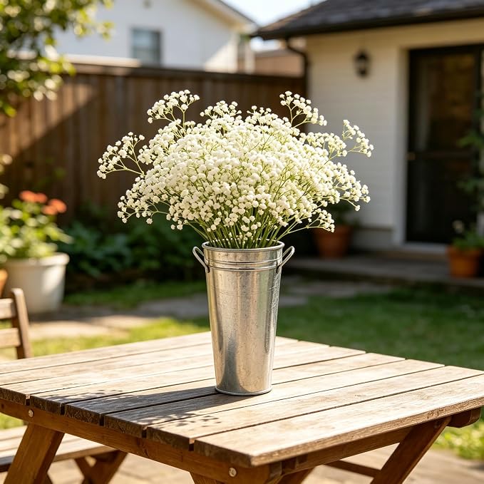 Hosley Set of 3 Galvanized French Bucket Vase with Handles 5" Dia x 9" H Ideal for Farmhouse Dried Floral Arrangements at Home for Weddings Gifts Spa and Aromatherapy Settings O5