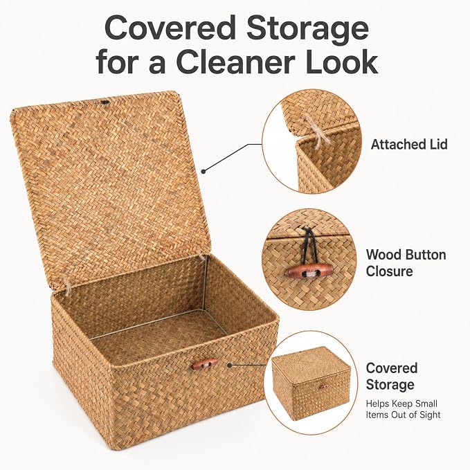 Square Handwoven Seagrass Wicker Storage Baskets with Lids, Set of 3 | Attached lids and internal iron frames help each basket hold its shape; compatible with IKEA KALLAX cube shelving.