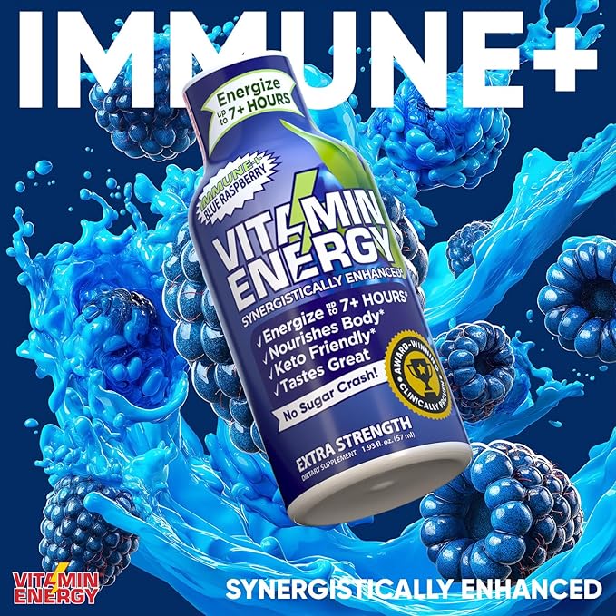 Vitamin Energy Immune+ Extra Strength Energy Shot Blue Raspberry 24 Pack, 260mg Natural Caffeine, B-Vitamins, Citicoline, Green Tea, Immunity & Focus Support, Zero Sugar, Gluten-Free 1.93 fl oz