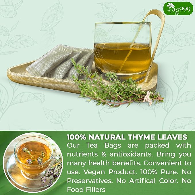 TOG999, Premium 40 Thyme Leaf Tea Bags, 100% Natural & Pure Thyme Leaves. Loose Leaf Thyme Herbal Tea. Thyme Leaf Tea. No Sugar, No Caffeine, No Gluten, Vegan.