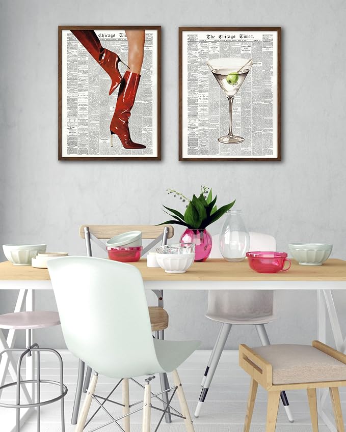 EcoHest 12x16 in Red Boots Newspaper Framed Wall Art | Walnut Color Solid Oak Frame, Canvas Wall Art, Fashion Magazine Wall Decor for Bedroom, Apartment, Dorm, College Room, 1Pack