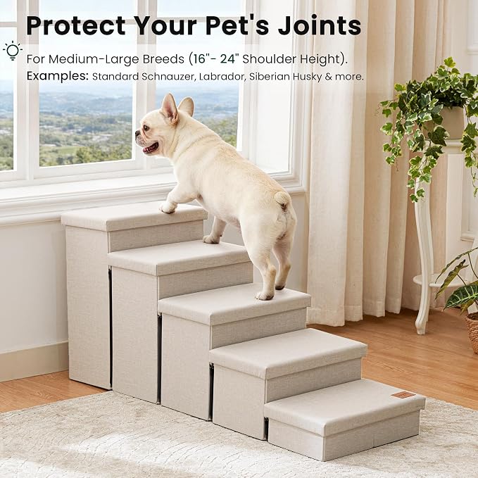 Love's cabin Dog Stairs for High Bed, Foldable Pet Stairs for Small Medium or Large Dogs Puppy with Storage for Bed or Couch, Cat Dog Steps Ramp with Zip up to 200 lbs, Beige, 5 Steps