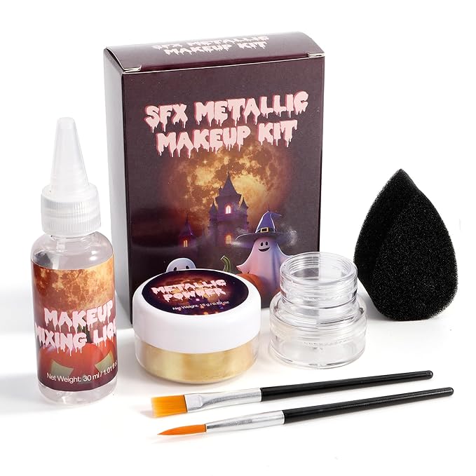 CCbeauty Gold Makeup Metallic Powder, Gold Metallic Chrome Powder For Face & Body Paint with Mixing Liquid, Shimmer Face Painting Kit For Halloween Costume Cosplay, Professional SFX Makeup Kit