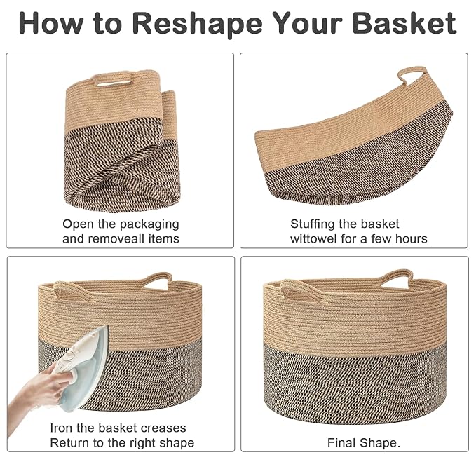 90L Woven Blanket Basket,Extra Large Laundry Basket-White & Brown | Collapsible Nursery Storage Bin with Sturdy Handles, Organizes Clothes, Toys and Pillows for Living Room, Bedroom, Bathroom