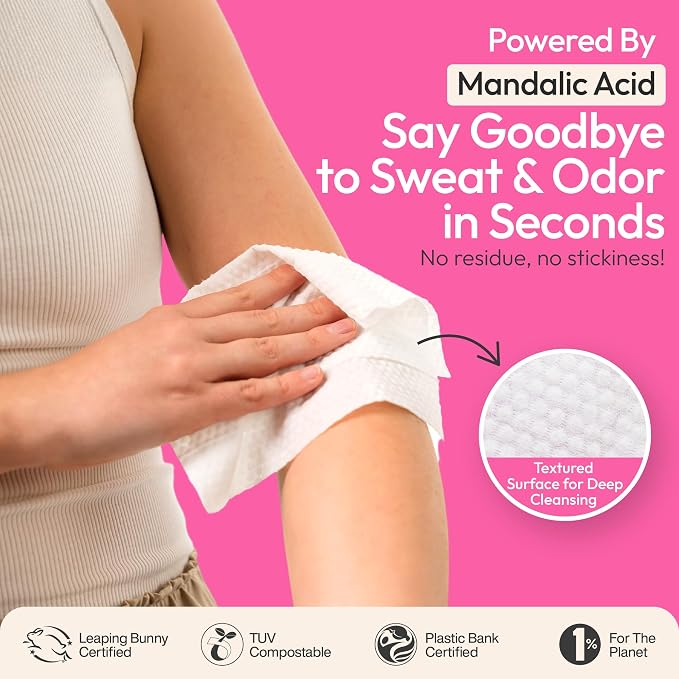 FOMIN Acidified Travel Deodorant Wipes For Women & Men - 50 Count - Patchouli Blossom - pH Balanced, Mini Deodorant Travel Size Wipe - Plastic-Free, Individually Wrapped Underarm Body Wipes