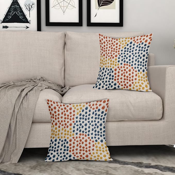 Blue Orange Yellow Pillow Covers 16x16 Set of 2 Fall Colored Art Dot Decorative Throw Pillows Trendy Print Outdoor Pillowcase Holiday Seasonal Cushion Cover Linen Pillow Case Decor for Sofa Couch Bed