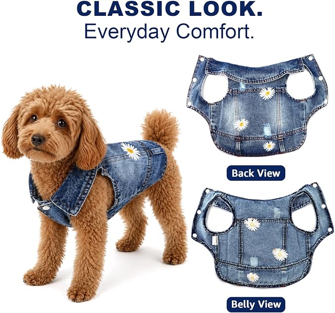 Dog Denim Jacket, Daisy Embroidery for Small Dogs, XXL, Chest 19-20.5 in | Ripped vintage jean vest for puppies, Chihuahuas and Pugs, cotton-blend outfits for spring summer fall festival and daily
