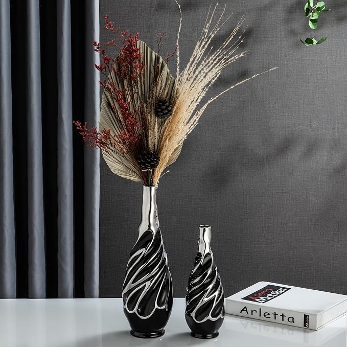 Yundu Black with Silver Vase Set of 2 - Pampas Grass Vase, Ceramic Vases Ideal for Living Room, Shelf, Coffee, Home Decor. Boho & Modern Centerpieces Flowers Vases