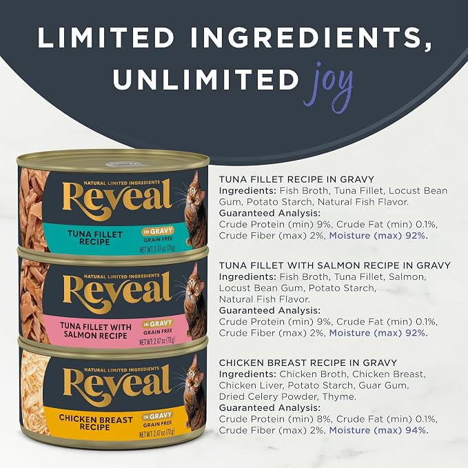 Reveal Fish & Chicken Variety in Gravy Wet Cat Food 12-Pack 2.47 oz Cans | 100% Natural, High Quality Protein, Limited Ingredient, Grain Free, No Fillers, No Artificial Additives, No By-Products