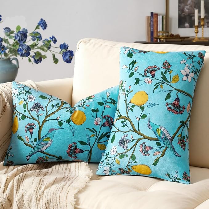Light Blue Velvet Floral Decorative 12x20 Lumbar Pillow Covers Set of 2 | Durable and Sturdy,Botanical Printed Pattern,Throw Pillows Case,Rectangle,Colorful Farmhouse,Home Sofa Bed Couch Decor