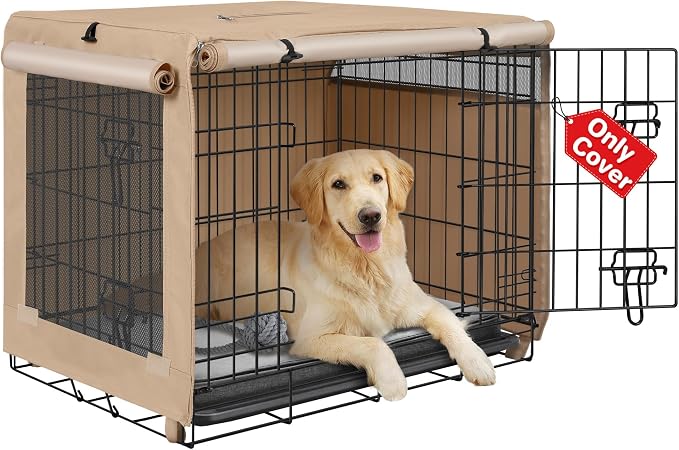 Seiyierr Dog Crate Cover - Kennel Cover Fit for 30 Inch, Double Door Polyester Crate Cover for Wire Dog Crate Indoor Outdoor Protection, Beige