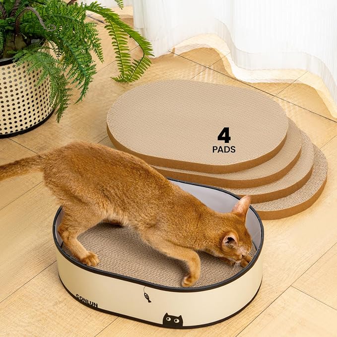 Conlun Oval Cat Scratcher Box with 4 Scratching Pads | Medium | Corrugated Cardboard | Reversible Design | Protects Furniture | Enclosed Bottom | Mess-Free Lounge Bed for Indoor Cats