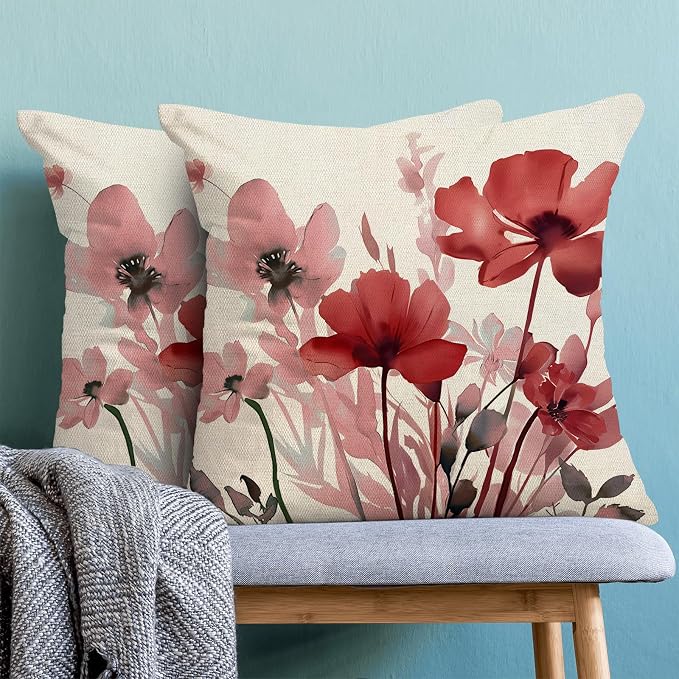 Spring Pillow Covers 18x18 Inches Set of 2 Pink Burgundy Red Floral Throw Pillow Covers Outdoor Rustic Summer Flower Decoration Pillowcase Farmhouse Decorative Cushion Cover For Home Sofa Couch