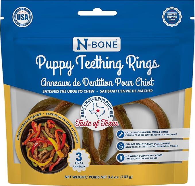 N-Bone Puppy Teething Rings, Taste of Texas Chicken Fajitas Flavor, Natural Puppy Teething Chews, Helps Soothe Teething Gums, Calcium Enriched Chew Treats, 3 Rings