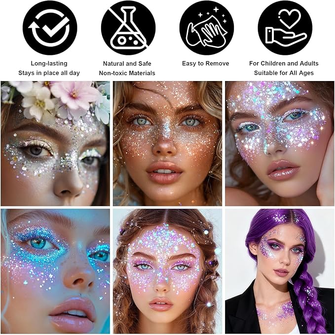 Sparkling Rainbow Body Glitter Stick, Holographic Hair Glitter, Waterproof Face Hair and Body Glitter Makeup, Shimmer Face Glitter Makeup for Kids and Women