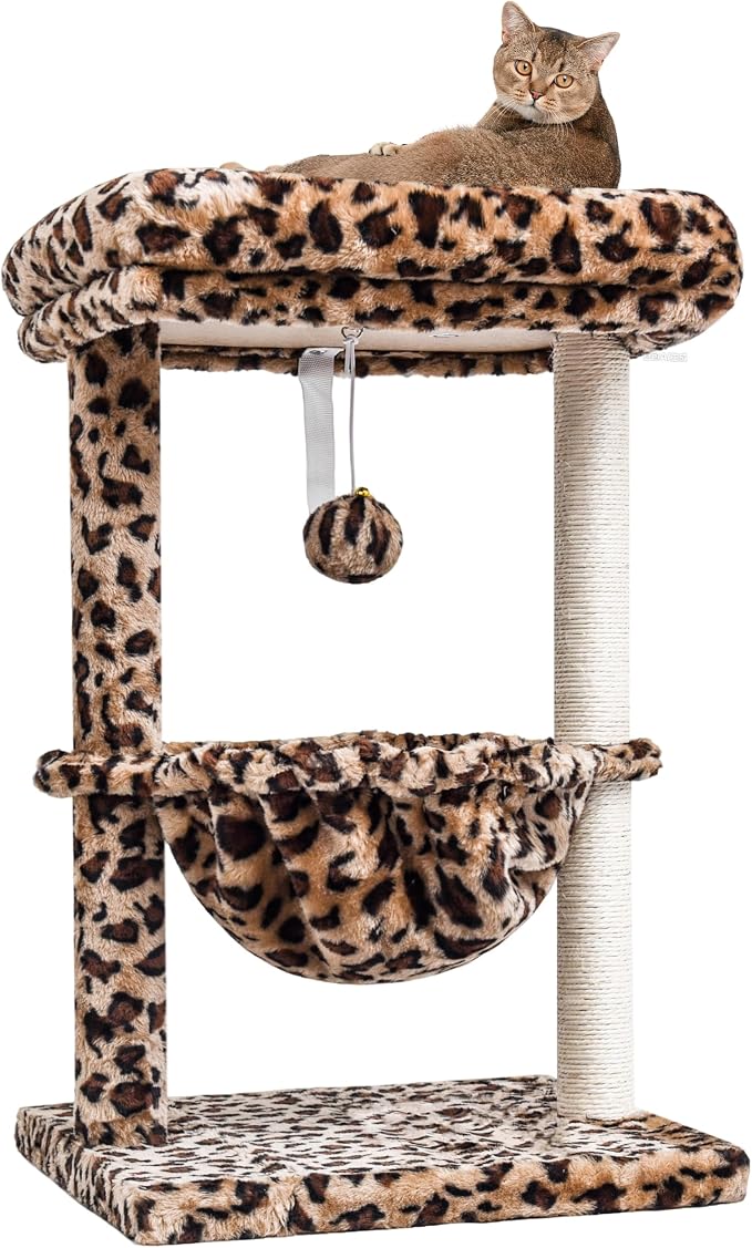 SYANDLVY Small Cat Tree for Indoor Cats, Cheetah Leopard Print Cat Tower | for Kitties, Unique Condo Furniture with Hammock & Sisal Scratching Posts