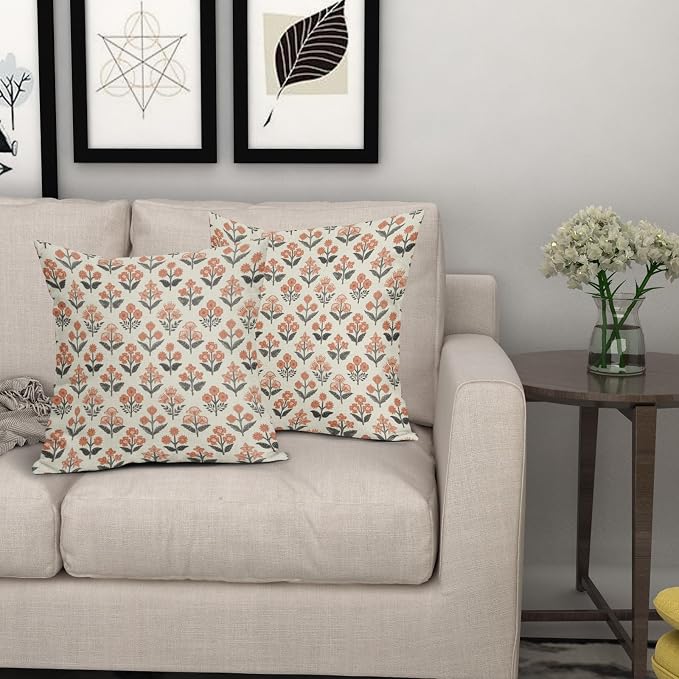 Orange Black Floral Block Print Pillow Covers 20x20 Inch Set of 2, Vintage Flower Pattern Decorative Throw Pillowcases Outdoor Farmhouse Cushion Covers Spring Summer Rustic Sofa Couch Bed Decor