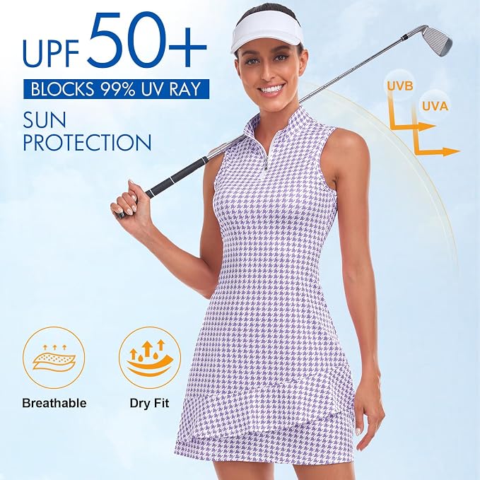 Viracy Tennis Dress for Women Sleeveless Golf Dresses with Shorts and Pockets Ruffle Zip Up Stand Collar Golf Outfits