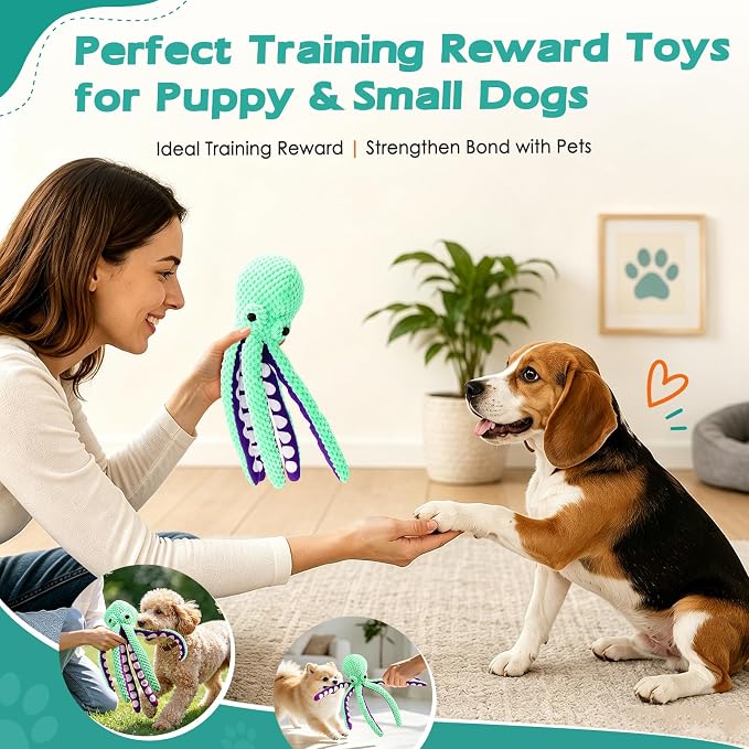 Fuufome Octopus Squeaky Dog Toys for Puppy, Small and Medium Large Breed | Tough Soft Fabric, Interactive Daily Companionship, Tug of War Doggie Toy, Training Reward, Birthday Gift