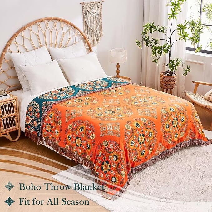 XIBLC Boho Throw Blanket 100% Cotton Ultra Soft Luxury Throw Rustic Quilt 50"x60" Floral Printed Farmhouse Decor Bed Summer Blankets All Season Rustic Reversible Bohemian Throw for Bed Orange