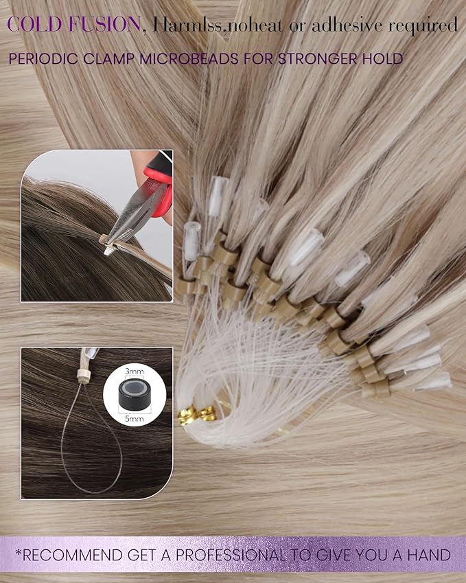 LaaVoo Micro Beads Hair Extensions Human Hair Blonde Micro Loop Extensions Human Hair Ash Blonde Mix Bleach Blonde Microlink Hair Extension 50g 50s 22 inch
