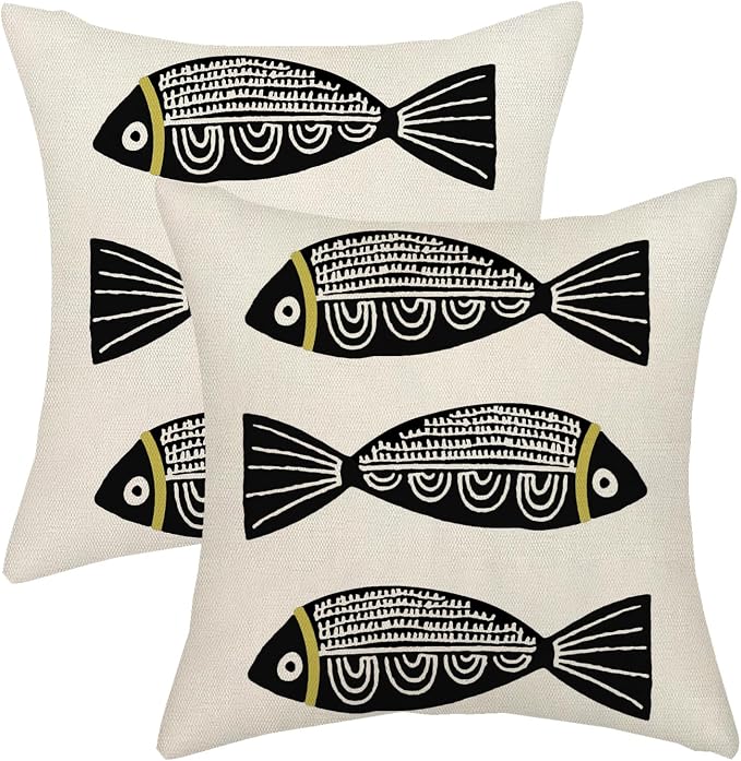 Coastal Pillow Covers 18x18 Inch Set of 2 Ocean Beach Black Fish Throw Pillows Summer Natical Outdoor Decorative Pillow Cases Linen Farmhouse Cushion Cover for Couch Home Sofa Bedroom Decor