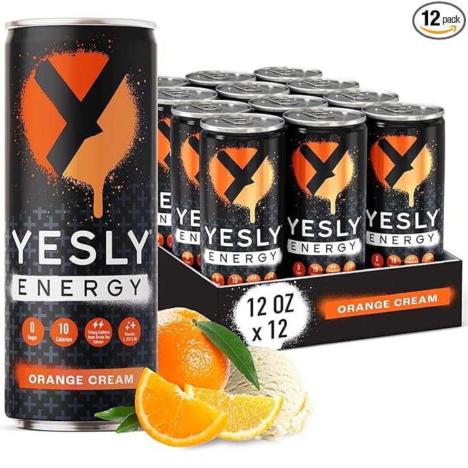 Yesly Energy Drink, Orange Cream, Naturally Flavored Sparkling Energy Drink With Electrolytes, Magnesium, Potassium, Vitamin C, B6 & B12, Natural Caffeine From Green Tea, 12 Fl Oz Cans, 12 Pack