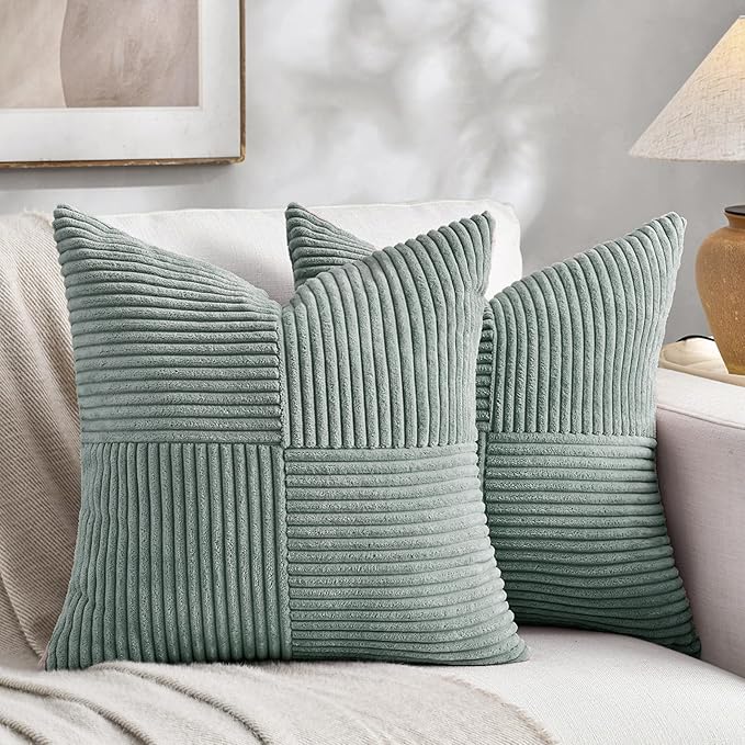 Fancy Homi Grey Blue Decorative Throw Pillow Covers 20x20 Inch for Couch Bed Sofa, Rustic Farmhouse Boho Home Decor, Soft Corss Corduroy Patchwork Accent Square Cushion Case 50x50 cm