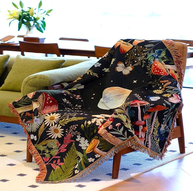 Moonlit Garden Woven Throw Blanket Cotton Boho Throw Blanket Moon Plant Blankets Boho Chic Decor Reversible Cute Witchy Throws Blankets with Tassels Bohemian Room Decor Luxury Couch Throws 51”x59”