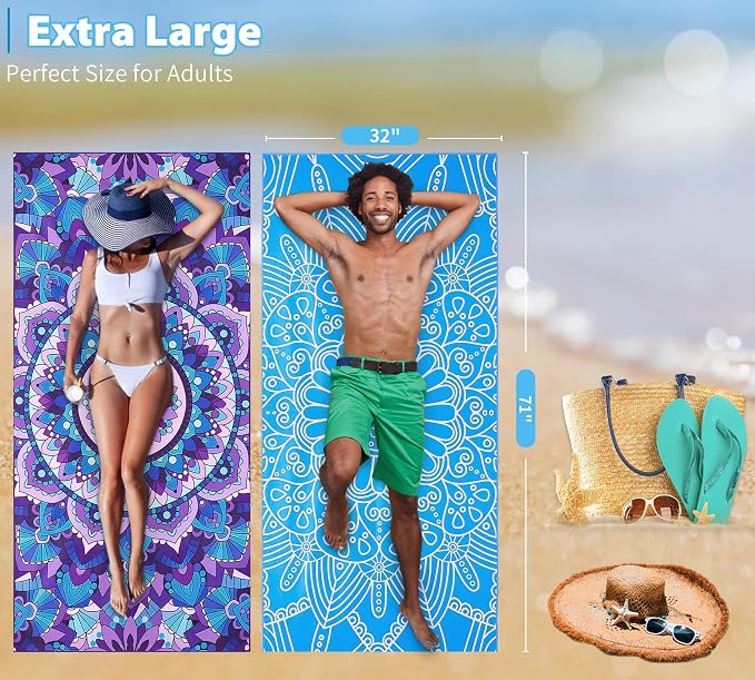 4 Pack Microfiber Oversized Lightweight Beach Towel 71"x32" XL Extra Large Thin Sand Free Towels Travel Swim Pool Yoga Gym Camping for Adults Women Men Beach Essentials Accessories Vacation Gift