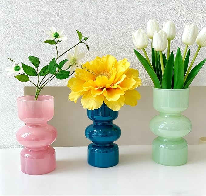JSPYFITS Glass Hydroponic Flower Vase, 7 Inches Colored Bubble Vase for Flowers, Three-Layer Funky Vase for Home/Office/Weddings/Party Table Flowers Decor, Milky Green