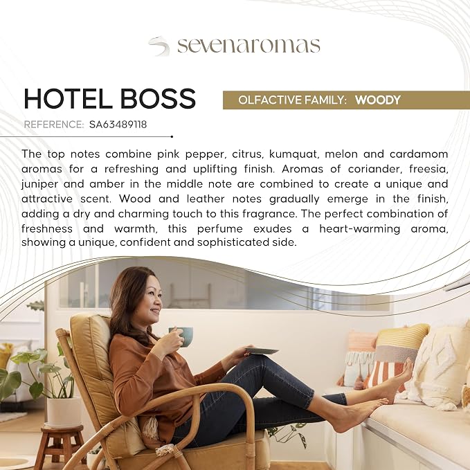 SevenAromas Hotel Boss | 145ml 5oz Hotel Scent Diffuser Oil | Woody | Sandalwood, Cocoa & Pink Pepper | Luxury Hotel Aromatherapy