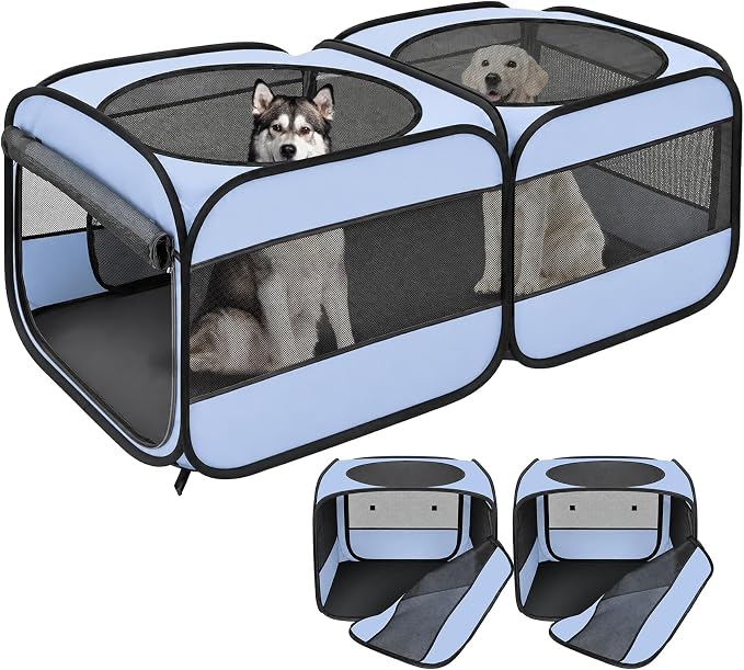 2-in-1 Pop Up Puppy Playpen, Detachable into 2 Separate Pens with Additional Doors, Assembly-Free Portable Cat Dog Crates Pet Pen Tent Kennel Kitten Enclosure Cage Indoor Outdoor Foldable Condo(L)