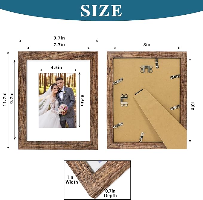 Hongkee 8x10 Picture Frame Set of 4, Made of Real Glass and Rustic Brown Wooden Frame, 8 by 10 Photo for Wall or Tabletop - Display Picture 5x7 with Mat or 8x10 Without Mat