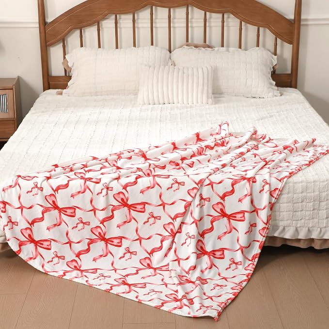 Red Bow Throw Blanket 50"x60" Soft Flannel for Girls Women | Coquette Aesthetic Decor with Ruffled Edges, Ultra Plush Bed Sofa Blanket, Preppy Gift for Teens, Back to School Dorm Room