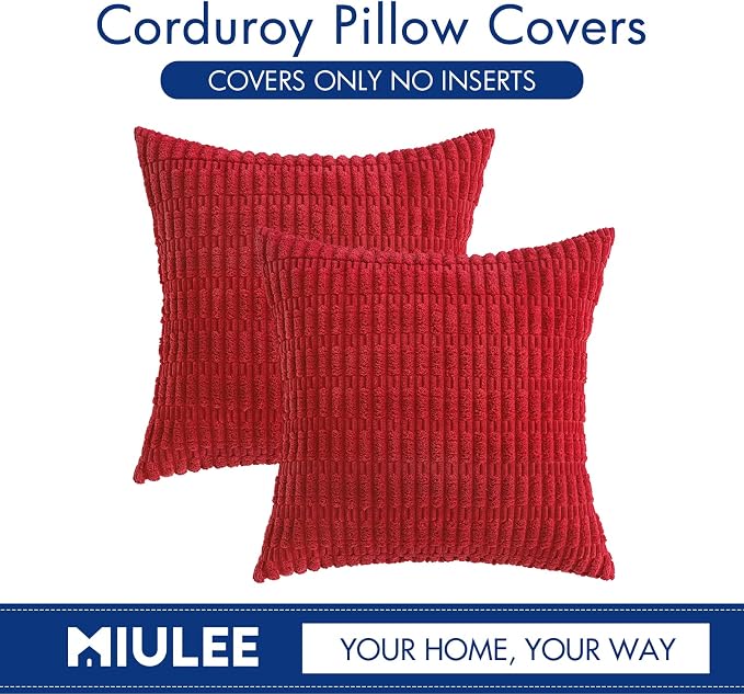 MIULEE Euro Sham Corduroy Decorative Throw Pillow Covers 22x22 Red Set of 2 | Soft Boho Striped Pillow Covers Modern Farmhouse Home Decor For Sofa Living Room Couch Bed