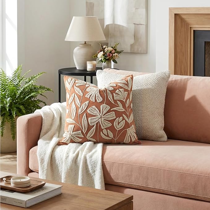 Throw Pillow Cover 20x20 Inch, Rust Terracotta Floral Tufted Velvet Decorative Accent Pillow Case for Sofa Bed Living Room, Cover Only