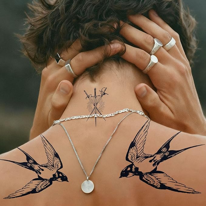 2 Sheets Long Lasting Swallow Temporary Fake Tattoos For Women Adults Arm Hand Collarbone,Semi Permanent Tattoo For Adults Girl,Realistic, Waterproof and Non-Reflective