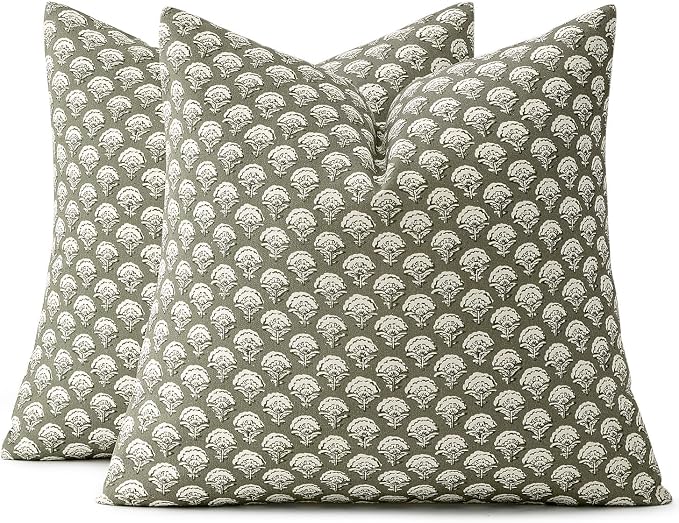 MIULEE Floral Print Decorative Pillow Covers 16x16, Sage Green | Vintage Boho Farmhouse Modern Home Decor, Set of 2, Block Print Cushion Covers for Couch Sofa Bed Living Room