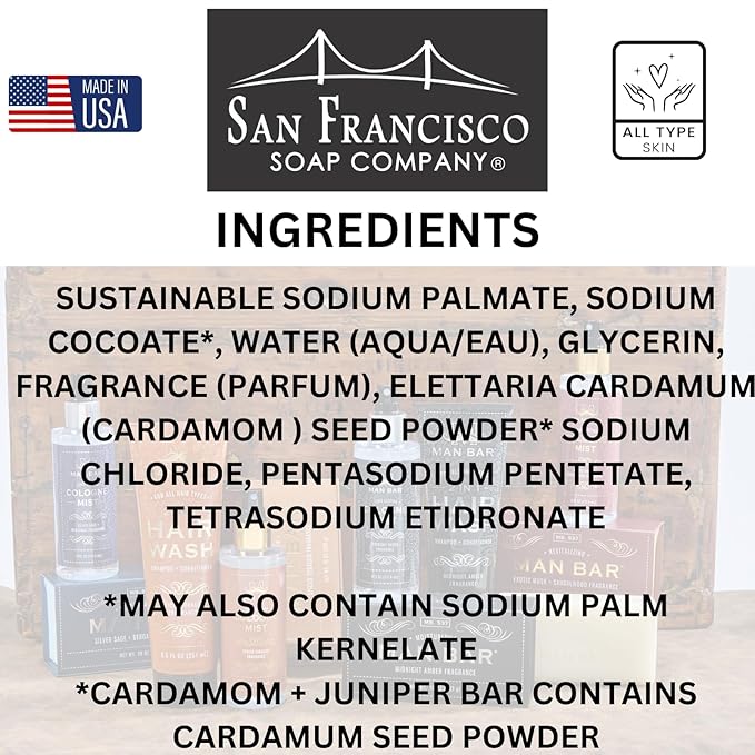 San Francisco Soap Company Man Bar 3-Piece Gift Set featuring all new scents: Midnight Amber, Cardamom & Juniper, Bergamot & Cognac - GREAT GIFT - No Harmful Chemicals - Good for All Skin Types