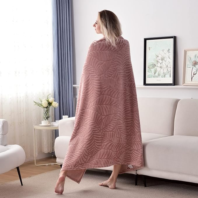 Super Soft Flannel Fleece Throw Blanket, 50 x 60 Inches, Dusty Rose | Lightweight Cozy Warm Leaves Textured Plush Blanket for Women Bed Couch Sofa