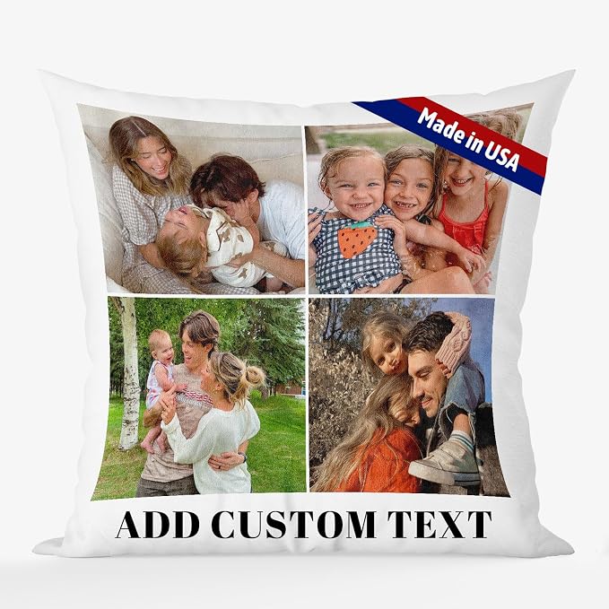 Bemaystar Custom Pillow with Picture & Text, Ships Next Day, Made in USA - Personalized Pillowcover- Love Keepsake, Customized Gifts, Mothers Day Decorative Throw Pillow(No Insert)-4photos