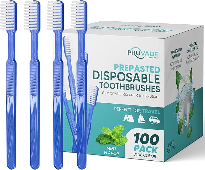 Pruvade 100 Pack Disposable Toothbrushes with Toothpaste Built In | Mint Prepasted Toothbrushes Individually Wrapped - Blue Single Use Waterless Toothbrush with Soft Bristles for Work, Camping, Travel