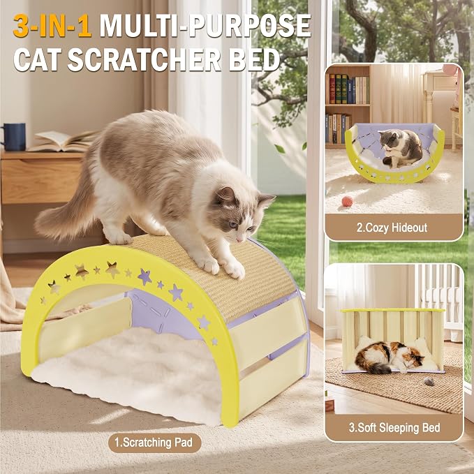 Cat Scratcher Bed, 3 in 1 Design-Bed, Scratcher, Hideaway Cave | with Elevated Sisal Pad & Reversible Fleece Mat,Sturdy HDPE Lounge for Indoor Cats, Tool-Free 30s Assembly, Supports 30 lbs